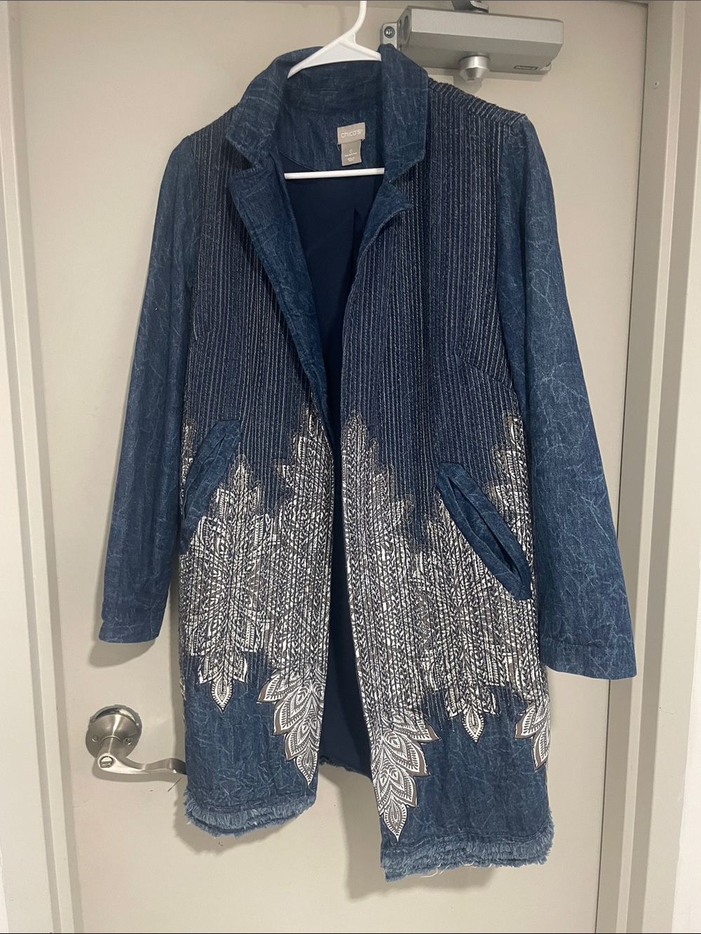 Chico's Indigo Blue Jean Embroidered Long Coat